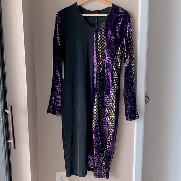 Purple Sequin Long Sleeve Midi Dress - Picture 2 of 9